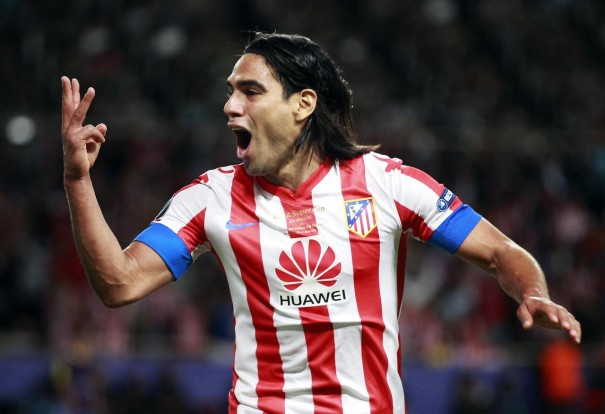 Atletico Madrid's Falcao gestures as he celebrates scoring a third goal against Chelsea during their UEFA Super Cup match at Louis II stadium in Monaco